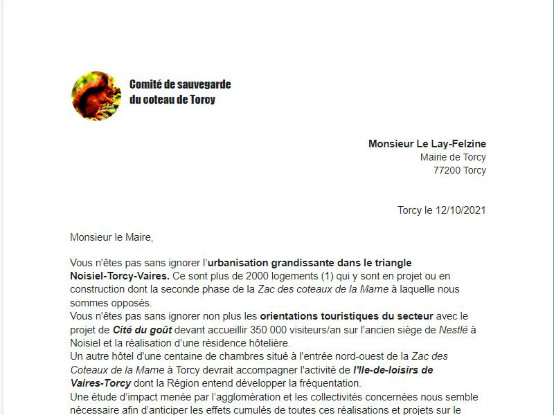Lettre à Guillaume Le Lay-Felzine, maire de Torcy